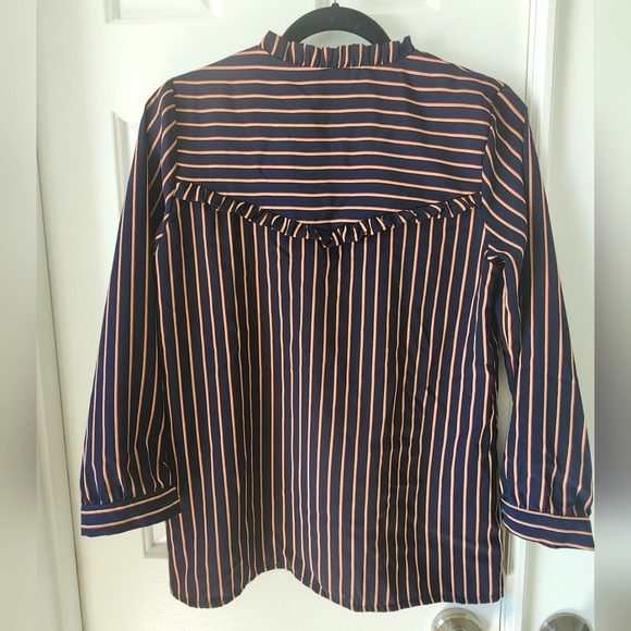 Miss Miss Striped Blouse Size M Navy Blue Maroon Cream - Picture 2 of 8